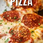 Two Portobello Mushroom Pizzas on a plate with text