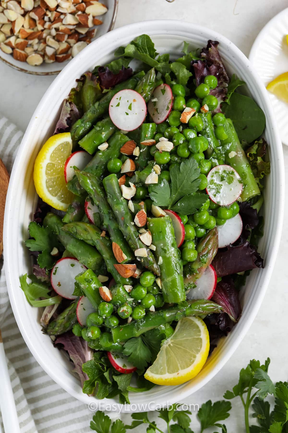 A prepared asparagus salad in a bowl