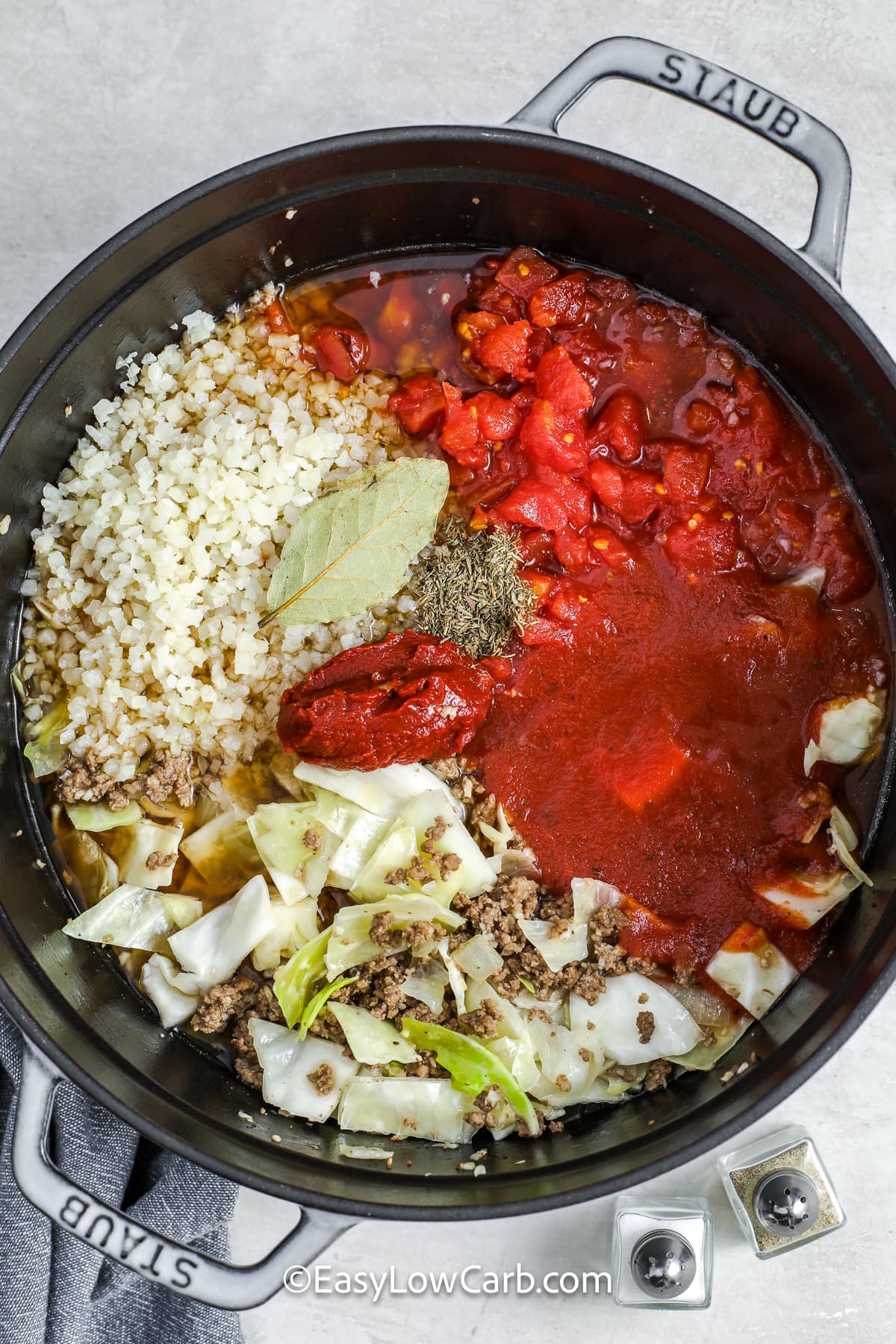 Ingredients to make cabbage roll soup in a pot