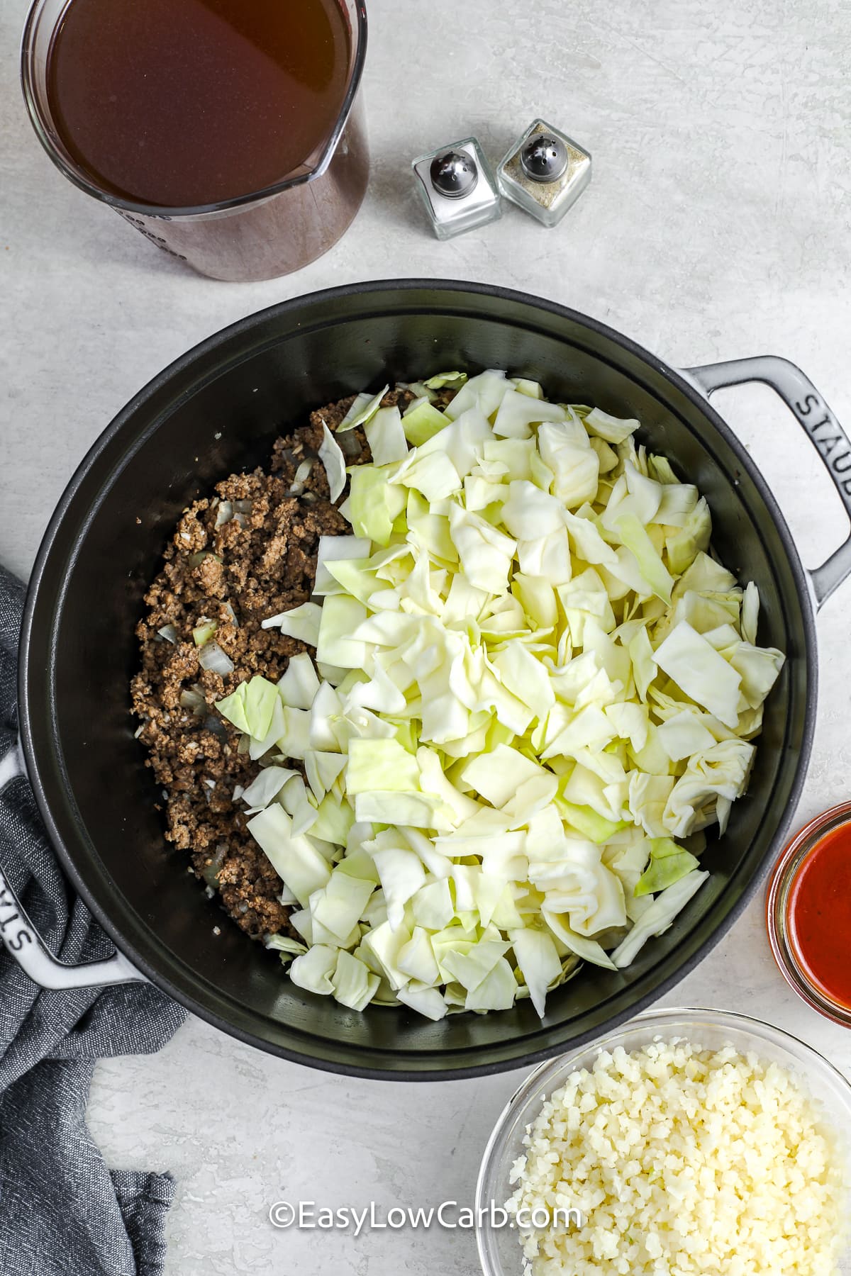 ground beef mixture and cabbage in a pot