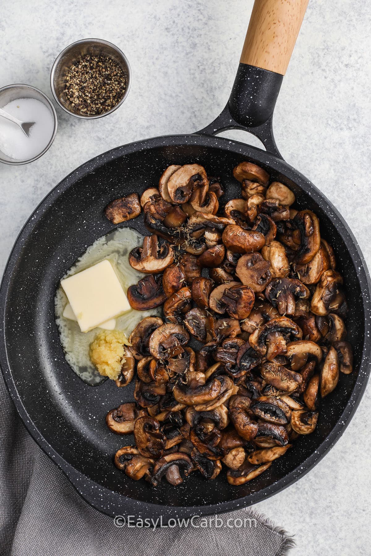ingredients in pan to make Garlic Butter Mushrooms