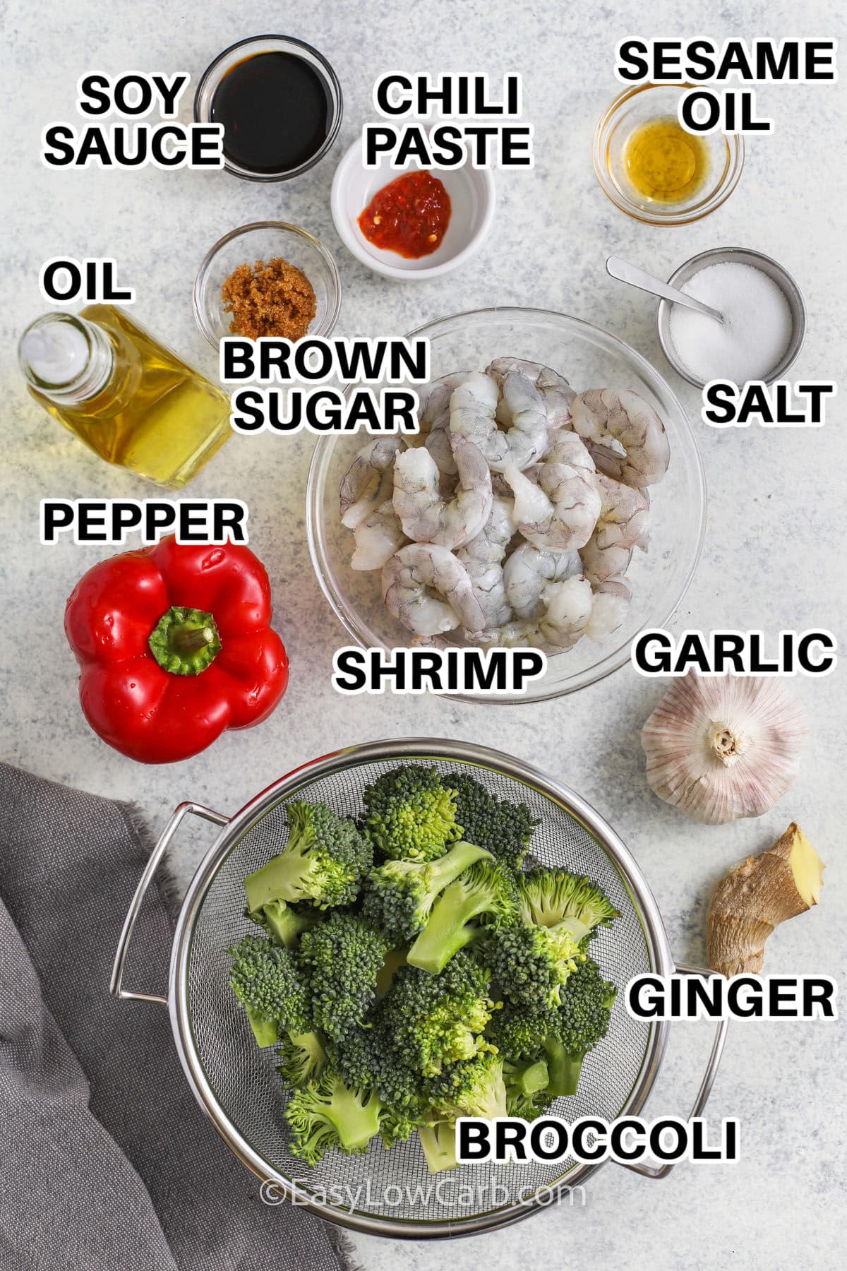 soy sauce , chili paste , sesame oil , salt , brown sugar , pepper , shrimp , garlic , ginger and broccoli with labels to make Shrimp and Broccoli Recipe