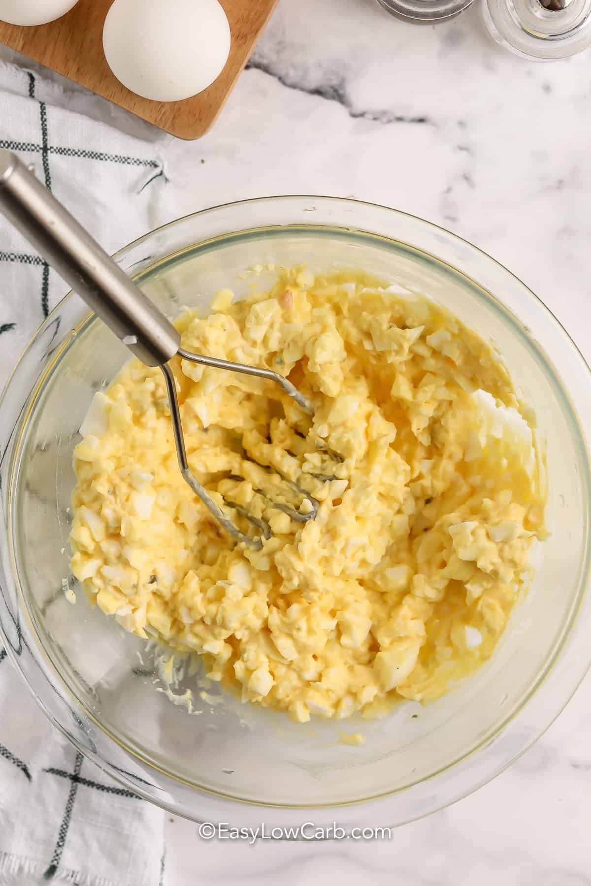 Keto Egg Salad mixed in a clear bowl
