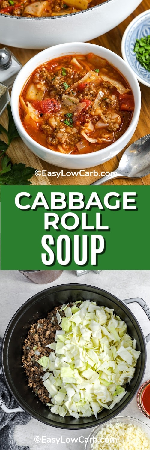 Top image - a bowl of cabbage roll soup. Bottom image - ingredients to make cabbage roll soup with a title