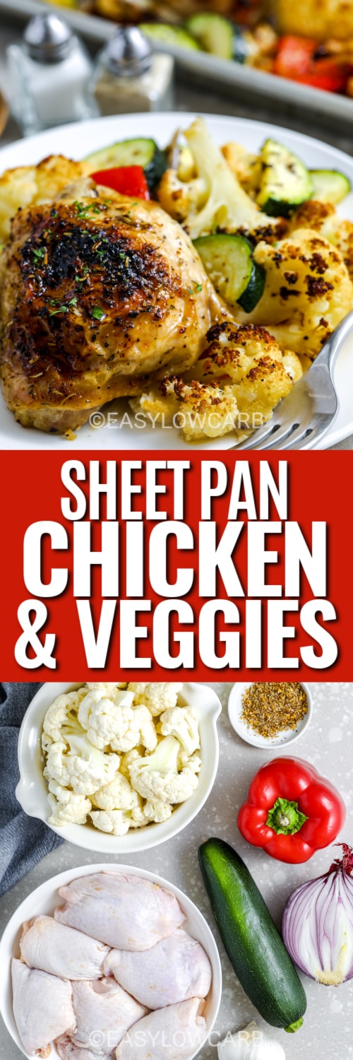 sheet pan chicken and veggies and ingredients with text
