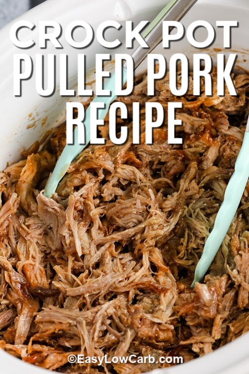 A crockpot with pulled pork with a title