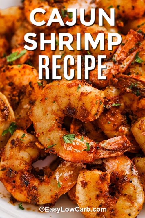 Cooked cajun shrimp with a title