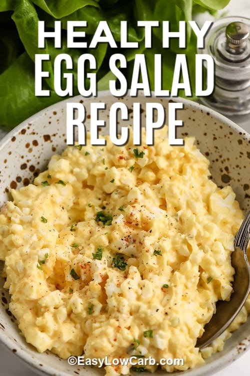 Keto Egg Salad prepared in a bowl with a title