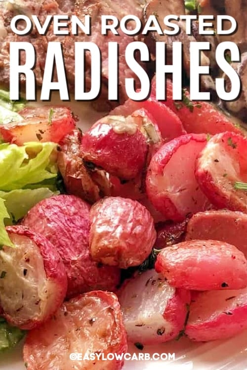 Roasted radishes recipe, served with steak, with a title