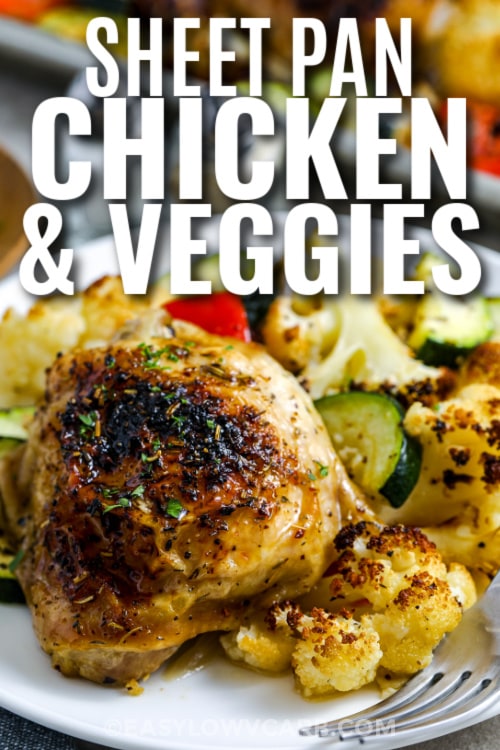 sheet pan chicken and veggies with text