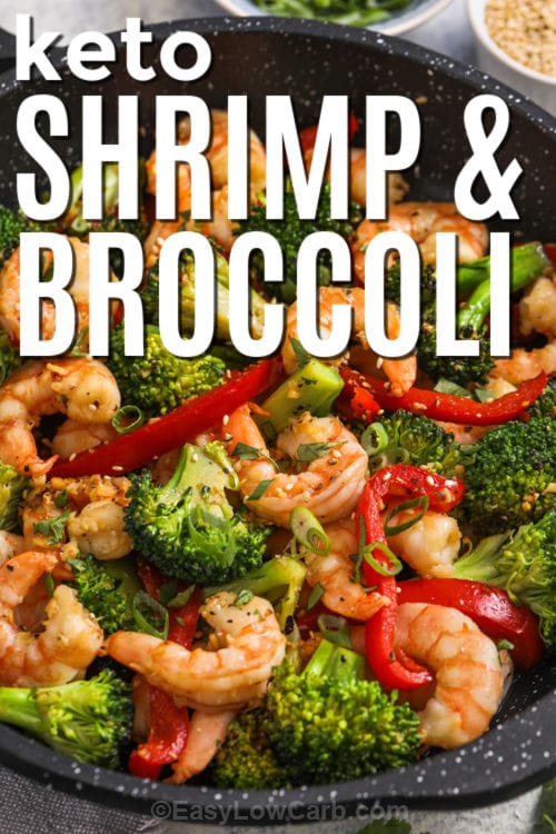 close up of cooked Shrimp and Broccoli Recipe in a pan with a title