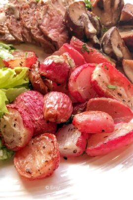 Roasted radishes recipe, plated and served with steak and salad