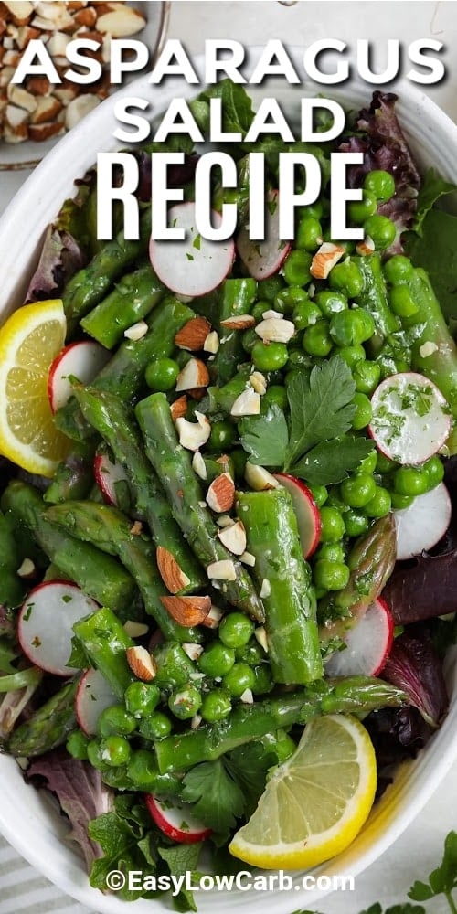 A serving dish of prepared Asparagus Salad with title