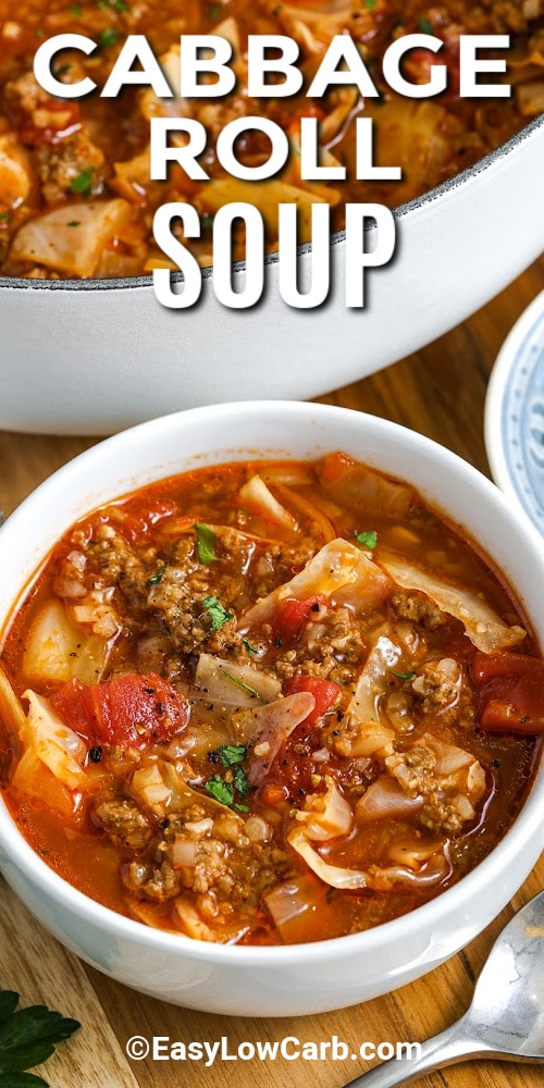 A bowl of cabbage roll soup with a title