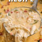 a pot of chicken taco soup with a ladle with a title