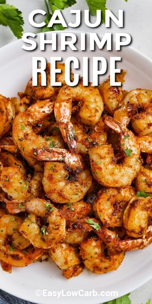Cajun shrimp on a plate with a title