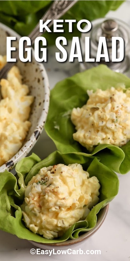 Keto Egg Salad in lettuce cups with a title