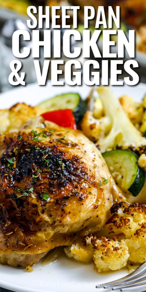 sheet pan chicken and veggies on a plate with text