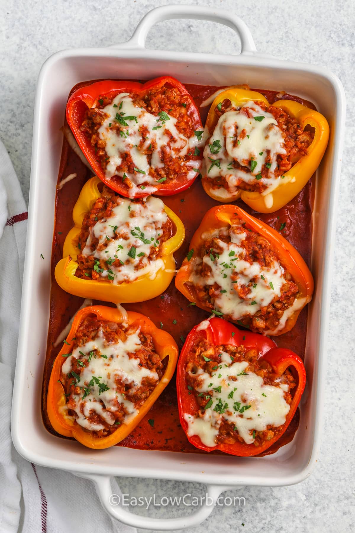 Ground Turkey Stuffed Peppers cooked in a casserole dish