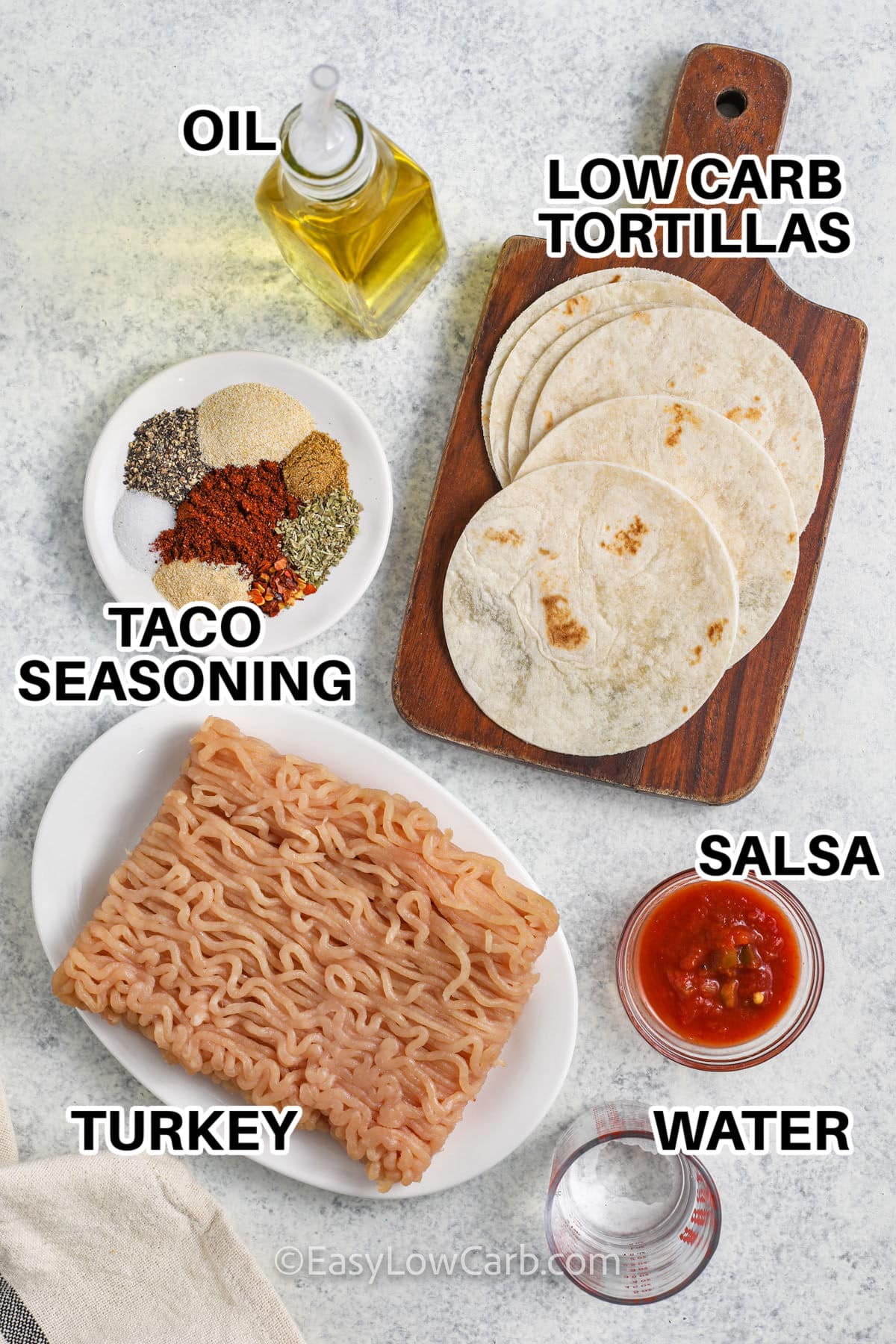 tortillas , oil , taco seasonings , salsa , water , turkey with labels to make Ground Turkey Tacos
