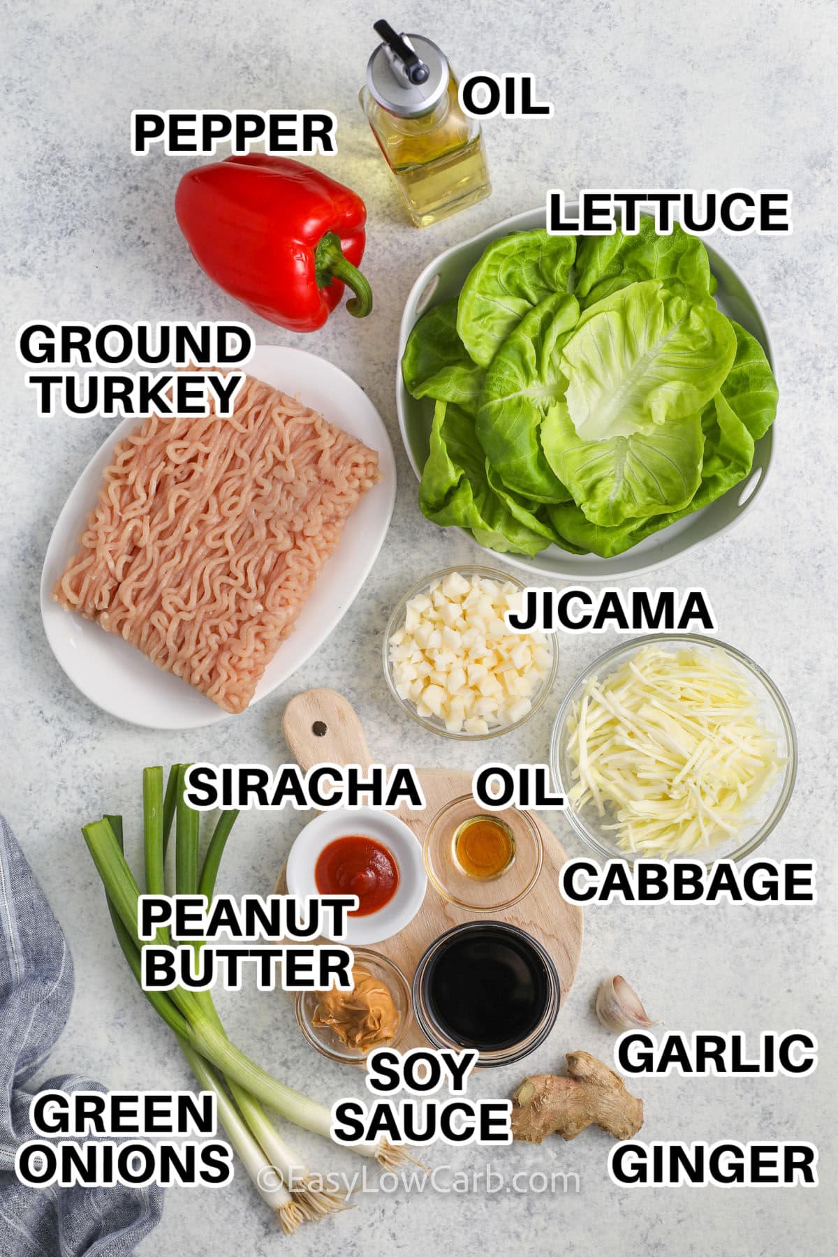 oil , pepper , ground turkey , lettuce , jicama , cabbage , oil , sriracha , peanut butter , soy sauce , garlic , ginger , green onions with labels to make Turkey Lettuce Wraps