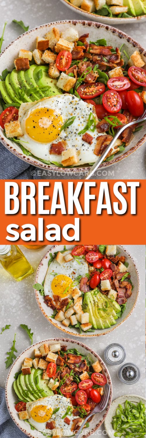 Breakfast Salad with eggs and bacon in bowls and close up photo with a title