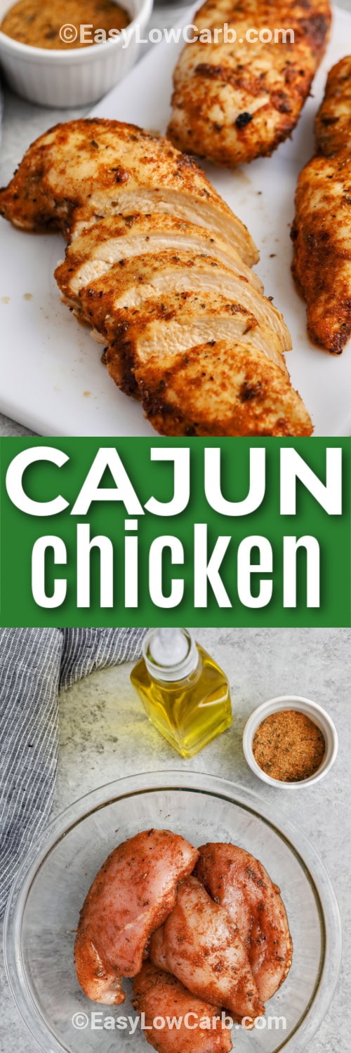 raw cajun chicken in a glass bowl and cajun chicken on a marble board with a title