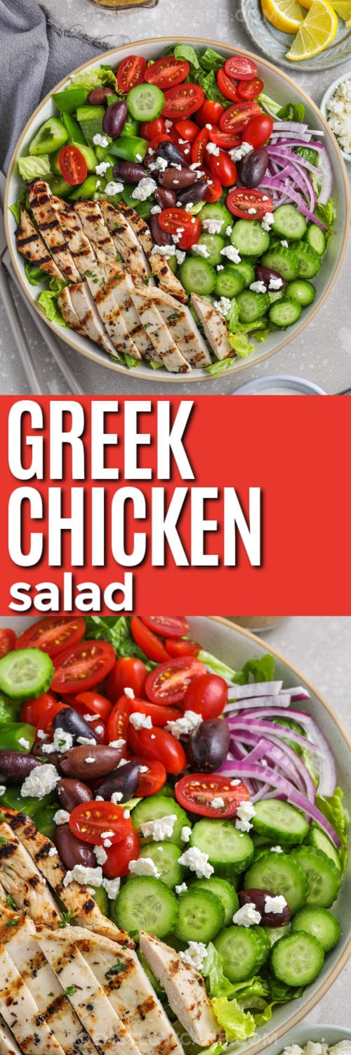 Greek Chicken Salad in a bowl and close up with a title