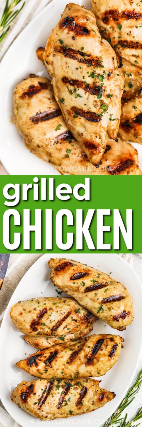 Grilled Chicken Breasts on a plate and close up with a title