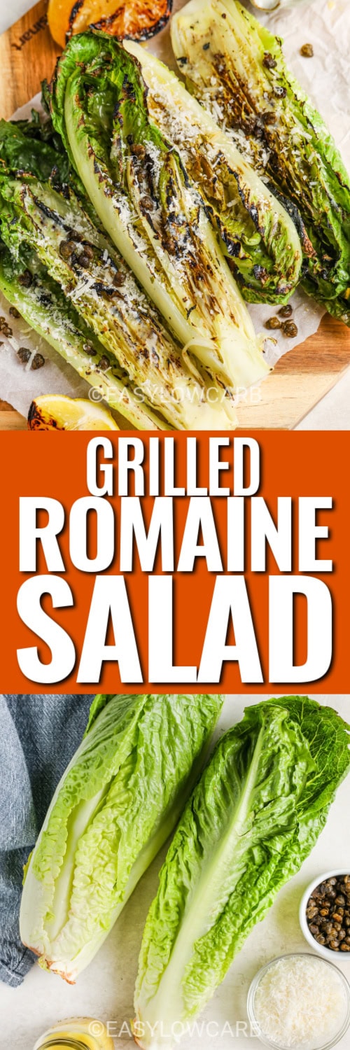 grilled romaine salad and ingredients with text