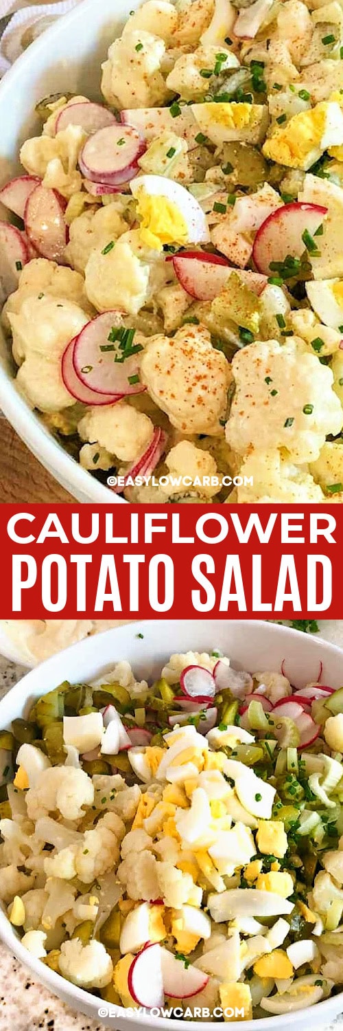 Cauliflower potato salad in a white bowl, garnished with sliced green onion, and cauliflower potato salad before being mixed, under the title.