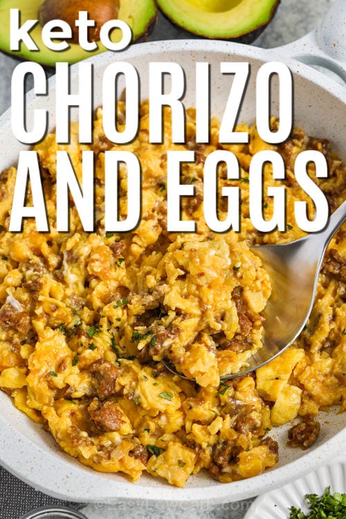 pan of Chorizo and Eggs Recipe with writing