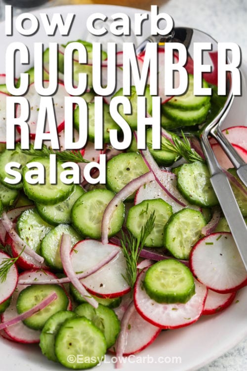 close up of easy Cucumber Radish Salad in a bowl with writing