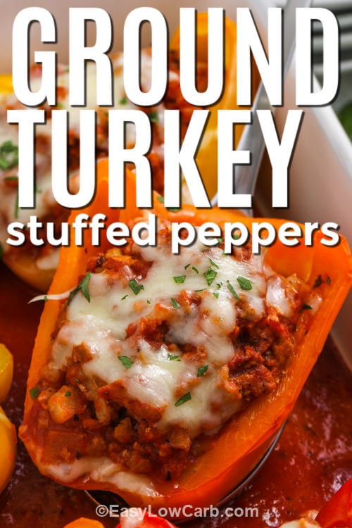 close up of Ground Turkey Stuffed Peppers with writing