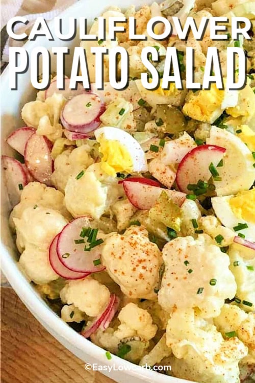 Cauliflower potato salad in a white bowl, with a title