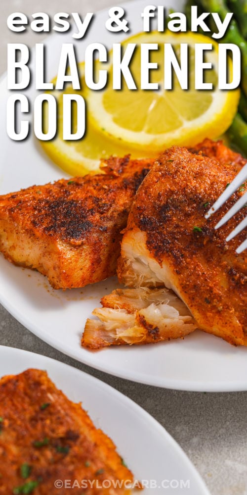 easy Blackened Cod on a plate with lemon