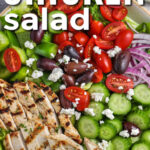 bowl of Greek Chicken Salad with writing