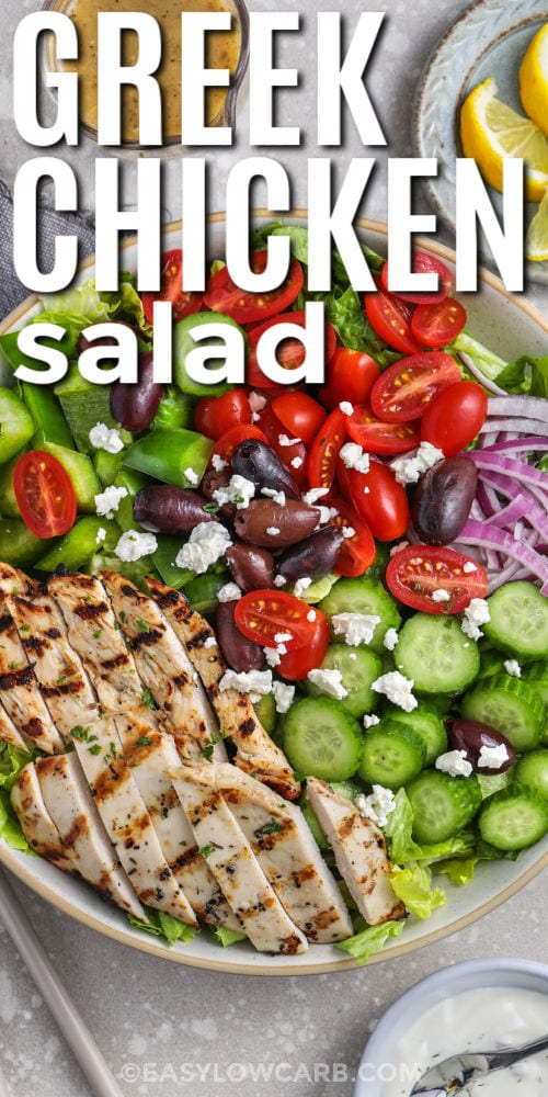 bowl of Greek Chicken Salad with writing