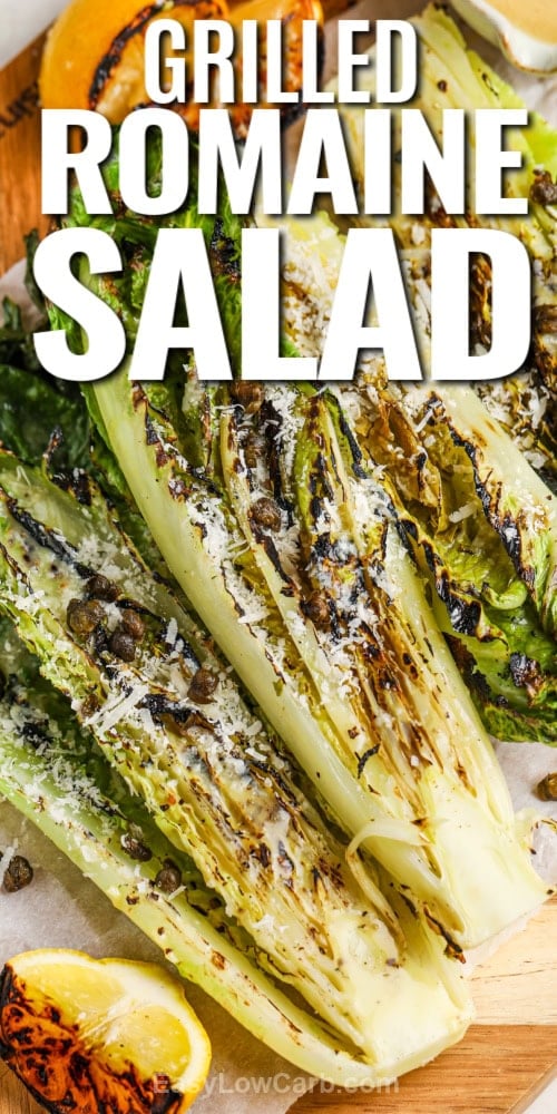 grilled romaine salad on a cutting board with text