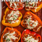 dish of cooked Ground Turkey Stuffed Peppers with writing