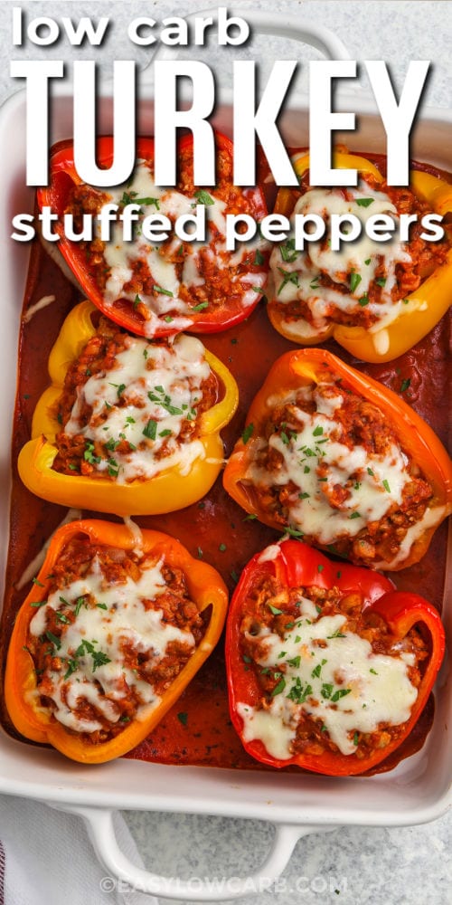 dish of cooked Ground Turkey Stuffed Peppers with writing