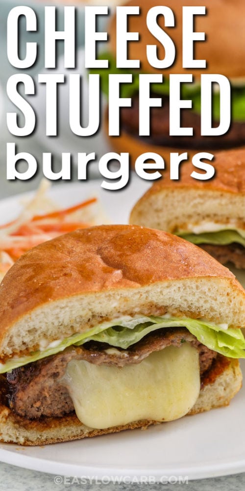 plated Stuffed Burgers with writing