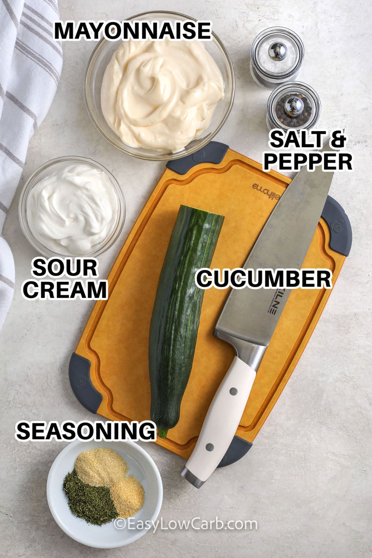 mayonnaise , cucumber ,sour cream , seasonings , salt and pepper with labels to make Cucumber Dip