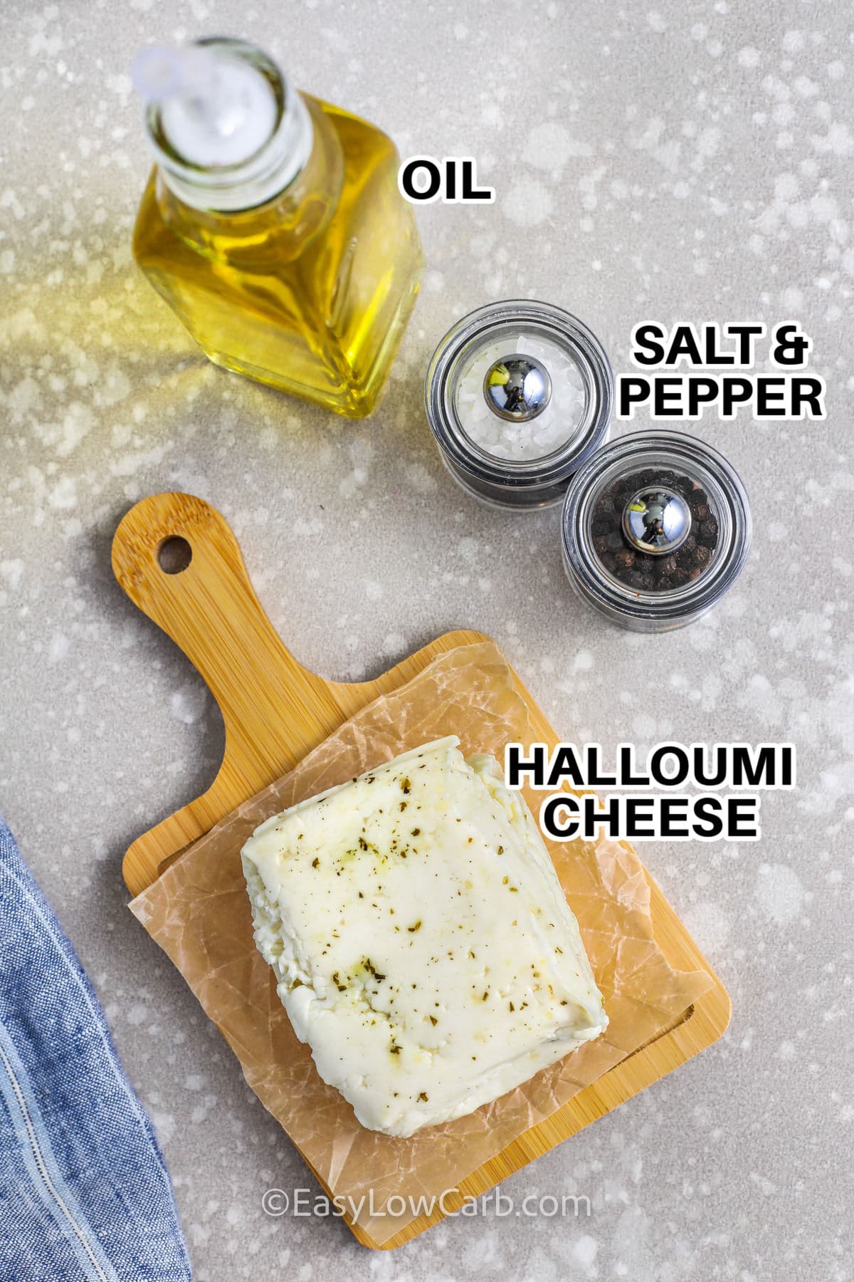 halloumi cheese , oil , salt and pepper with labels to make Grilled Halloumi