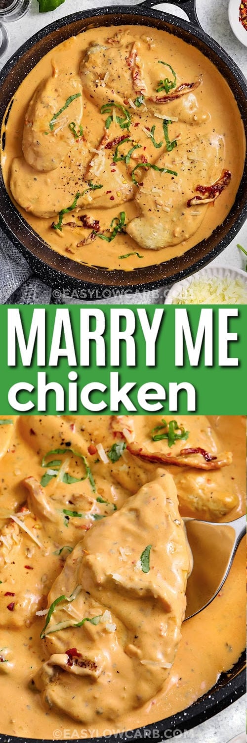 Easy Marry Me Chicken in the pan and close up with a title