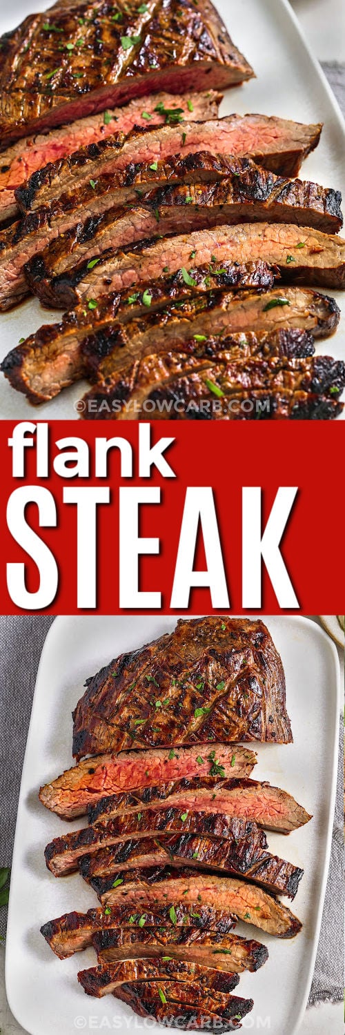 Grilled Flank Steak on a plate and close up photo with a title