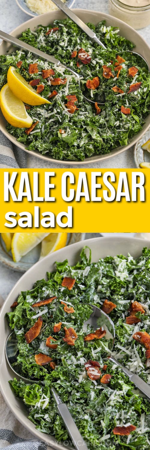 bowl of Kale Caesar Salad and close up photo with a title