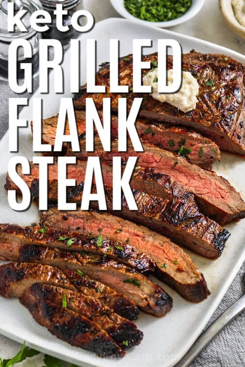 sliced Grilled Flank Steak with writing