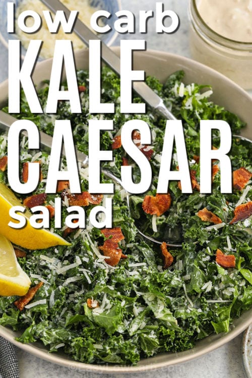 Kale Caesar Salad with bacon and writing