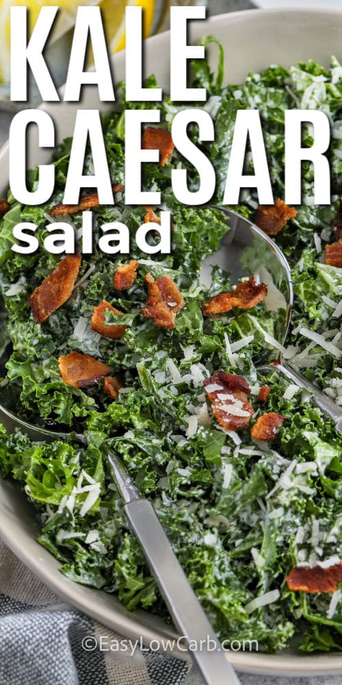 Kale Caesar Salad in a bowl with spoons and a title